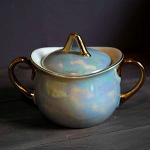 Kawaii Japanese Opal Pearl Rainbow Patina Sugar Bowl With Gold Trim